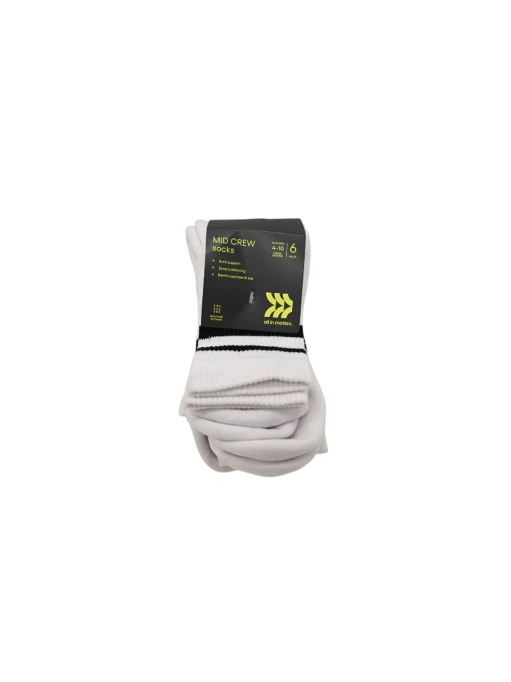 NWT All In Motion 6 Pack Mid Crew Socks Sz 4-10 White Athletic Cushioned Sport